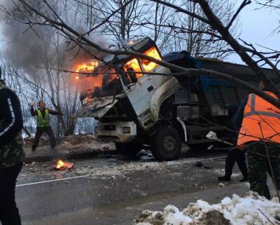 Фото: на трассе в Усть-Лугу вспыхнул большегруз, кабина выгорела полностью