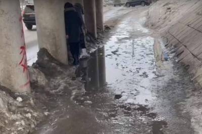 Под мостом на Московском шоссе в Рязани затопило тротуар