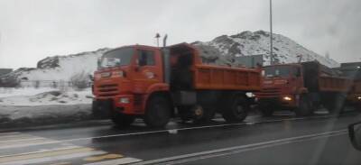 Десятки грузовиков со снегом стоят в очереди к снегоплавильному...