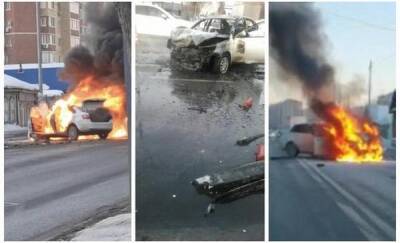 В Тюмени на Полевой в результате ДТП сгорел автомобиль