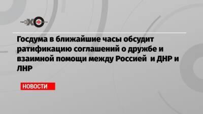 Госдума в ближайшие часы обсудит ратификацию соглашений о дружбе и взаимной помощи между Россией и ДНР и ЛНР