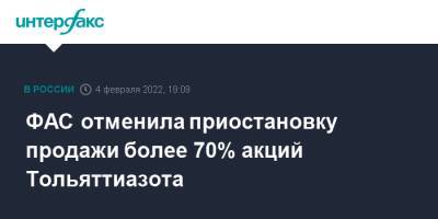 ФАС отменила приостановку продажи более 70% акций Тольяттиазота