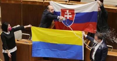 В парламенте Словакии депутат облил водой флаг Украины - в посольстве потребовали извинений