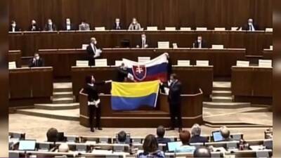 В Словакии депутаты устроили перепалку в парламенте и облили флаг Украины водой
