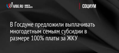 В Госдуме предложили выплачивать многодетным семьям субсидии в размере 100% платы за ЖКУ