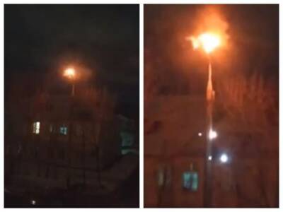 Жителей Новосибирска напугал горящий огнём фонарь