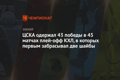 ЦСКА одержал 43 победы в 45 матчах плей-офф КХЛ, в которых первым забрасывал две шайбы
