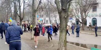 Есть задержанные и раненые. В Каховке российские оккупанты выстрелами из автоматов разгоняют проукраинский митинг — видео
