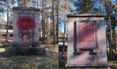 В Эстонии разрисовали советский монумент, а Евгений приехал из Нарвы и сам его отмыл