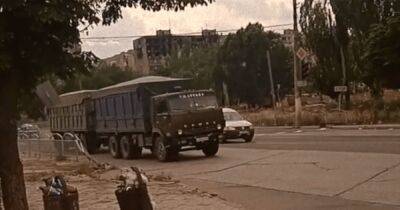 Россияне перегнали в Мариуполь грузовики с зерном: готовятся вывезти его по морю (видео)