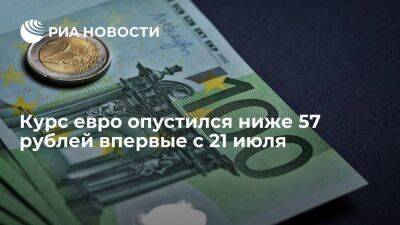 Курс евро на Мосбирже опустился до 56,82 рубля, обновив минимум с 21 июля