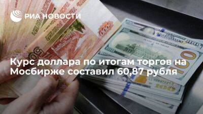 Курс доллара по итогам торгов на Мосбирже составил 60,87 рубля, евро — 60,13 рубля