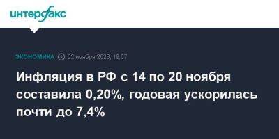Инфляция в РФ с 14 по 20 ноября составила 0,20%, годовая ускорилась почти до 7,4%