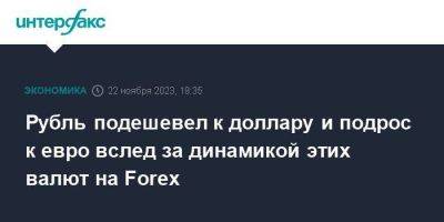 Рубль подешевел к доллару и подрос к евро вслед за динамикой этих валют на Forex