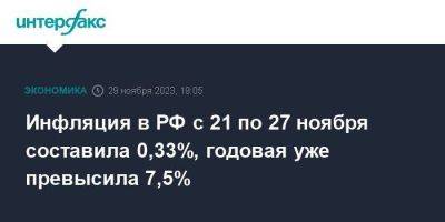 Инфляция в РФ с 21 по 27 ноября составила 0,33%, годовая уже превысила 7,5%