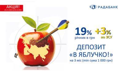 РАДАБАНК продолжает удивлять Акциями. Акционный депозит «В Яблочко!» под 19% годовых и + 3% на ВСУ