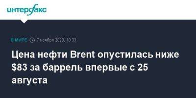 Цена нефти Brent опустилась ниже $83 за баррель впервые c 25 августа