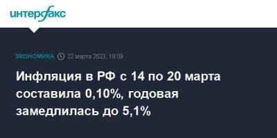 Инфляция в РФ с 14 по 20 марта составила 0,10%, годовая замедлилась до 5,1%