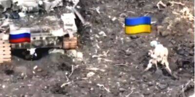 «Угостили» гранатой. Оккупант пытался спрятаться от ВСУ под танком, но был обнаружен и наказан — видео