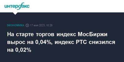 На старте торгов индекс МосБиржи вырос на 0,04%, индекс РТС снизился на 0,02%
