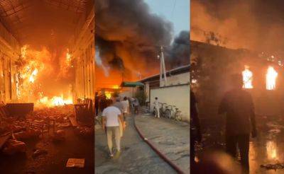 На рынке в Коканде произошел крупный пожар, на место происшествия для тушения прибыли 10 пожарных машин. Видео