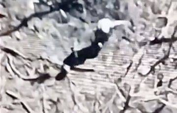 Видеофакт: Русский оккупант сломя голову бежит после взрыва мины и падения дерева на него