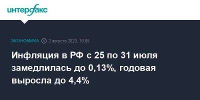 Инфляция в РФ с 25 по 31 июля замедлилась до 0,13%, годовая выросла до 4,4%