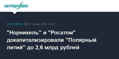 "Норникель" и "Росатом" докапитализировали "Полярный литий" до 2,6 млрд рублей