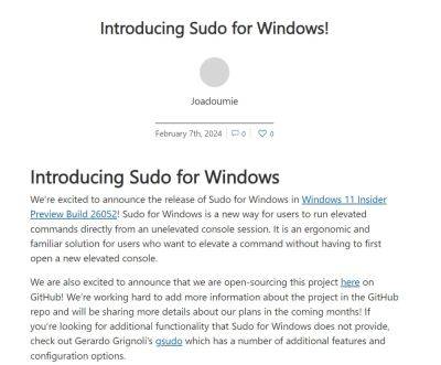 denis19 - Microsoft подтвердила, что в Windows 11 Build 26052 появится общедоступная предварительная версия «Sudo для Windows» - habr.com - Microsoft