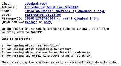В ответ на появление sudo в Windows разработчики сообщества Open Source решили перенести Word в OpenBSD