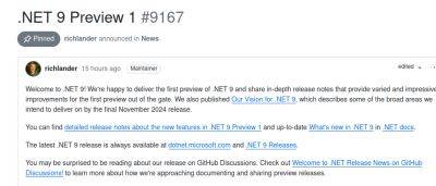 Microsoft выпустила первую предварительную версию .NET 9 и раскрыла цели разработки новой версии открытой платформы