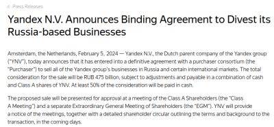 denis19 - Yandex N.V. заключила сделку по продаже «Яндекса» за 475 млрд рублей консорциуму инвесторов - habr.com - Финляндия - Голландия