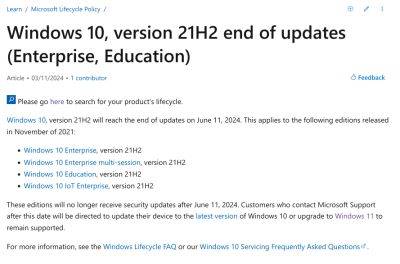 Microsoft прекратит поддержку Windows 10 Enterprise (а также Education и IoT Enterprise) версии 21H2 с 11 июня 2024 года