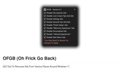 Представлено открытое приложение OFGB (Oh Frick Go Back) для отключения рекламы в Windows 11