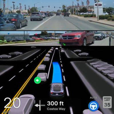 Tesla с обновленной прошивкой автопилота Full Self-Driving объезжает пробку по правой полосе и вклинивается в левый ряд