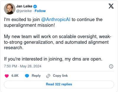 Ушедший из OpenAI руководитель отдела разработки ИИ Ян Лейке вышел на работу в ИИ-стартап Anthropic