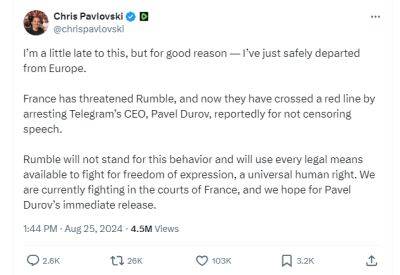 Основатель видеохостинга Rumble покинул Европу из-за ареста Дурова